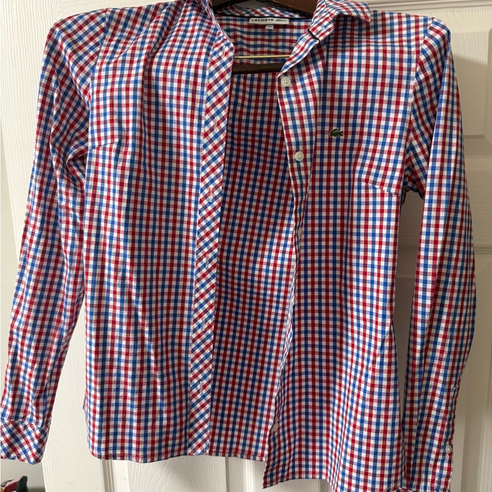 Lacoste Blue, Red & White Gingham Shirt with Chest Logo